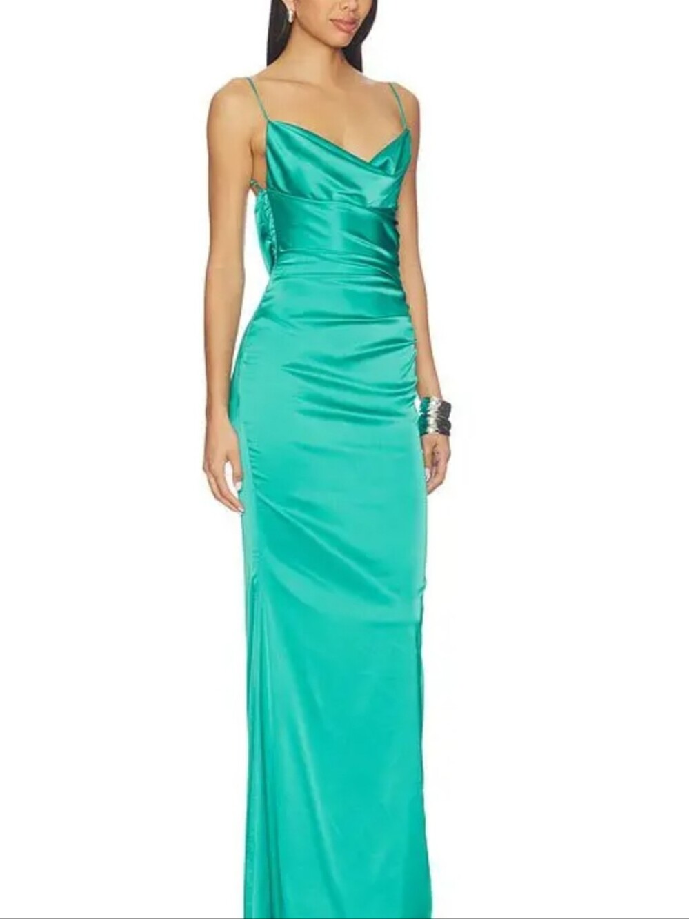 Katie May Teal Satin draped neck and back Gown size XS (small flaw) NWTS